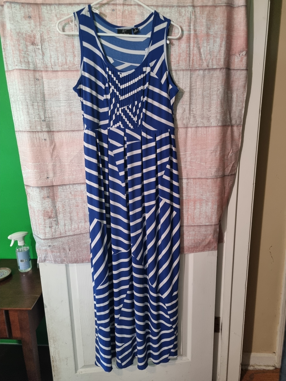 Nina Leonard Royal Blue and White Striped Sleeveless Maxi Dress